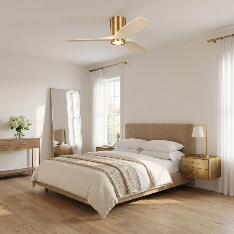 Seyra Smart Hugger LED Ceiling Fan, Washed White Oak, 44" Wide, Burnished Brass