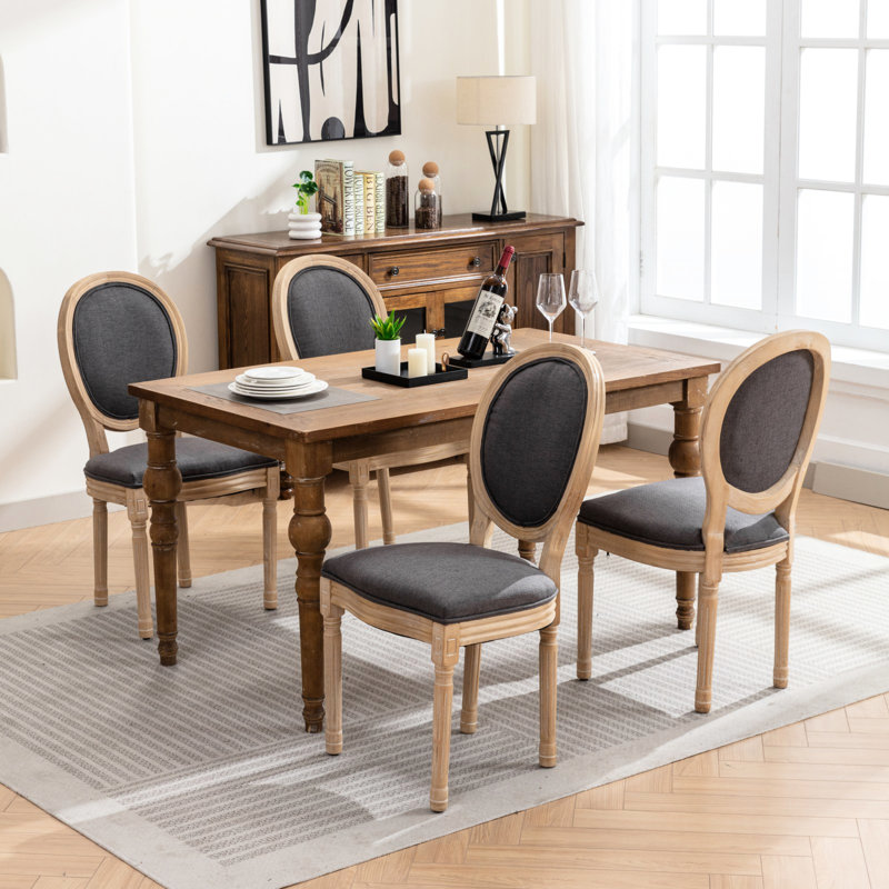 Chaises de salle à manger en tissu de lin gris foncé, élégance française, base en bois massif, finition antique de style Sw1845dg, bois