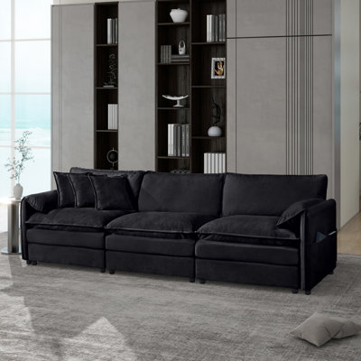 Oversized Deep Seat Sectional Sofa, Modern Chenille Cloud Couch, Large 3 Seater Modular Sofa With 3 Pillows For Living Room Bedroom Apartment Office,DIY Combination,Black