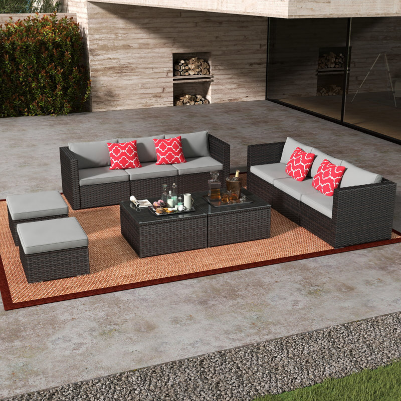 Lockney Modern 4-Person Outdoor Patio Set with Cushions, UV & Rust-Resistant Wicker Frame, Gray