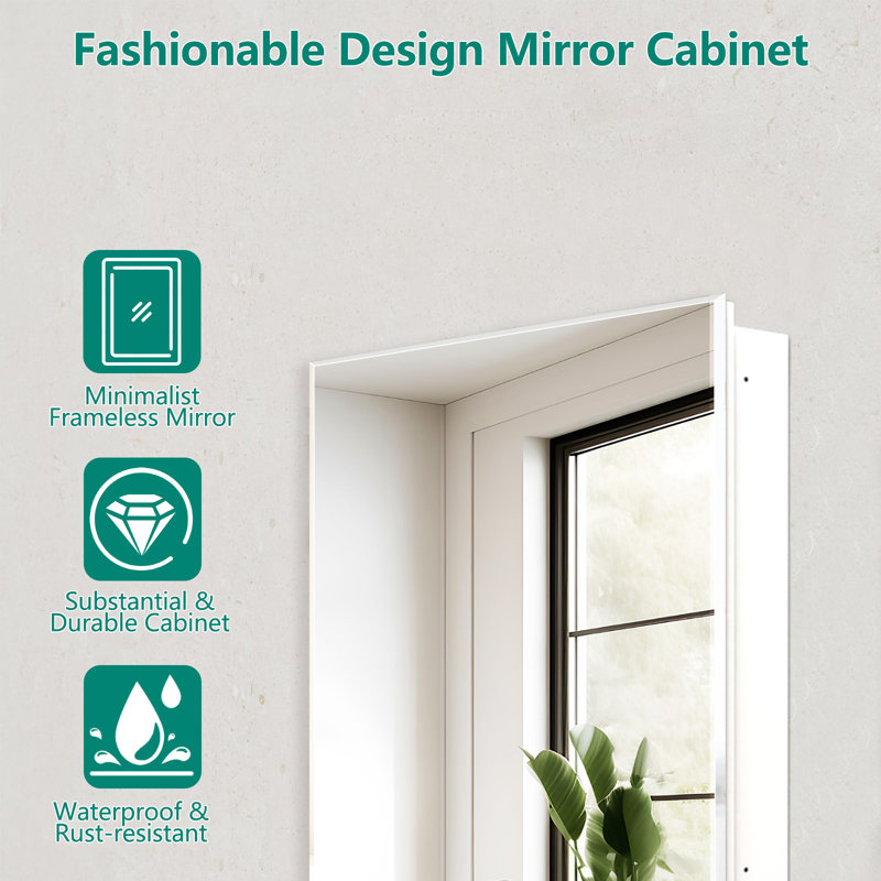 Medicine Cabinet With Beveled Frameless Mirror& Removable Shelves, Recess or Surface Mount,Already Assembly