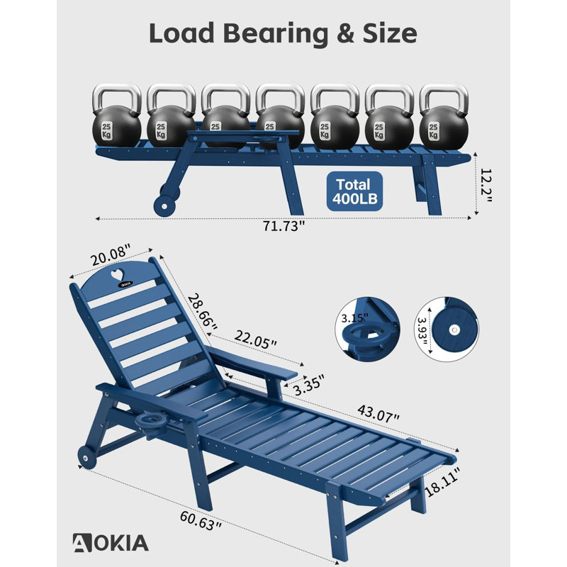 Chaise Lounge Chair Outdoor with Wheels & Cupholder | Oversize HDPE 6-Position Pool Lounge Chairs, Navy