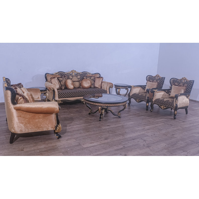 Ensemble de salon, Mélange de lin noir / doré, Brun