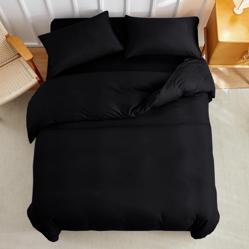 Super Soft Microfibre Reversible Plain Duvet Cover Set, Black, Single Duvet Cover Set + 2 Pillowcases