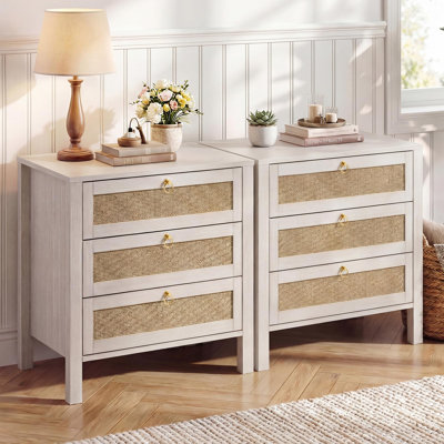 Ensemble de 2 tables de chevet blanches, table de chevet en rotin avec poignée dorée, tables de chevet 3 tiroirs, grande table d'appoint en osier, table de chevet en bois Boho pour chambre à coucher et salon