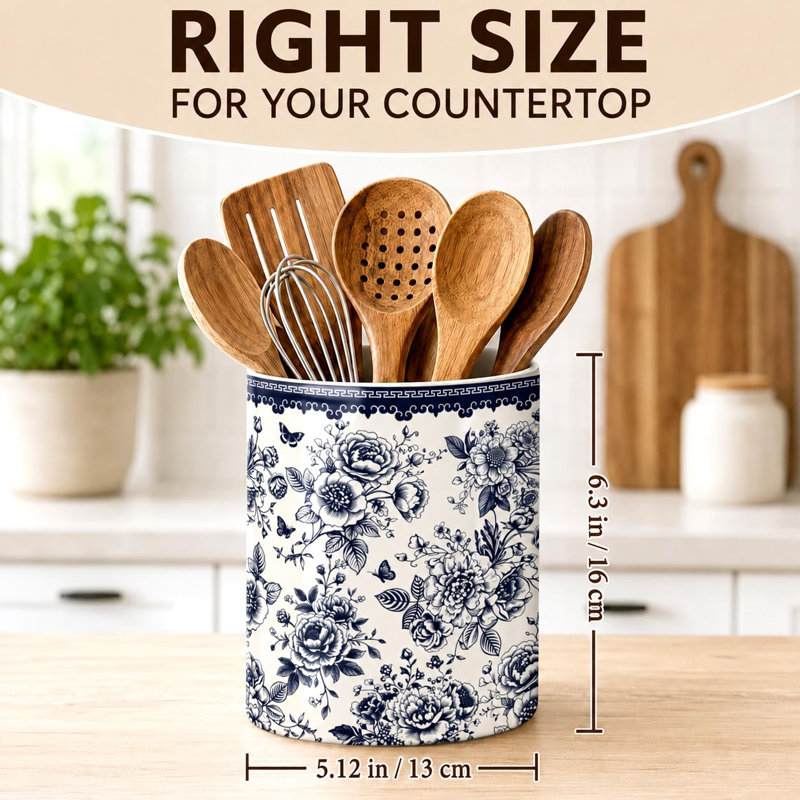 Porte-ustensiles floral pour cuisine, porte-ustensiles d'été en céramique