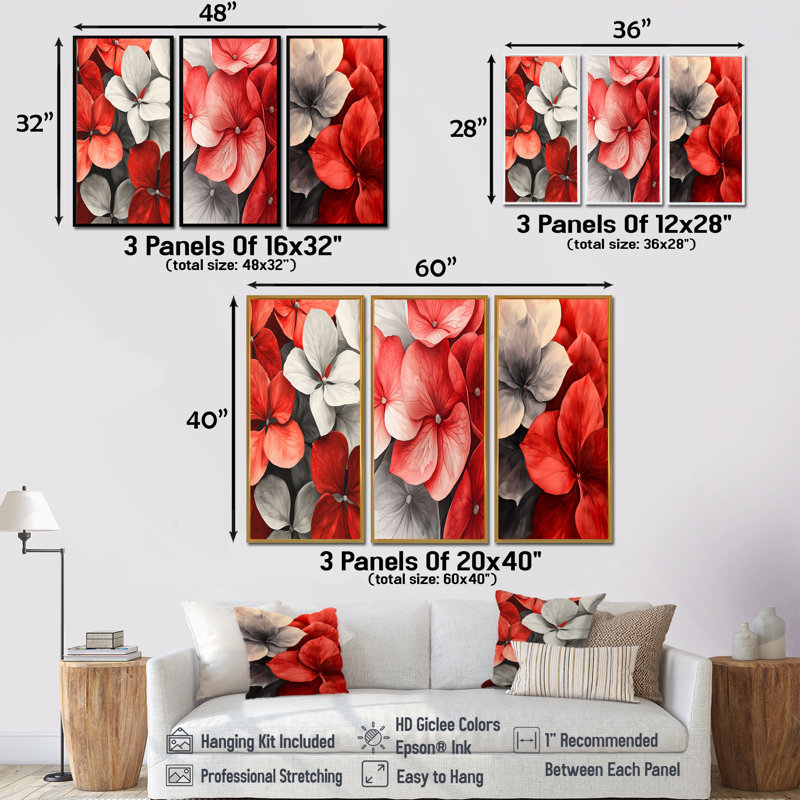 Monochromes rouges, hortensias, pétale I - Collection d'hortensias sur toile, 3 pièces, H 40 po x l 60 po, Doré