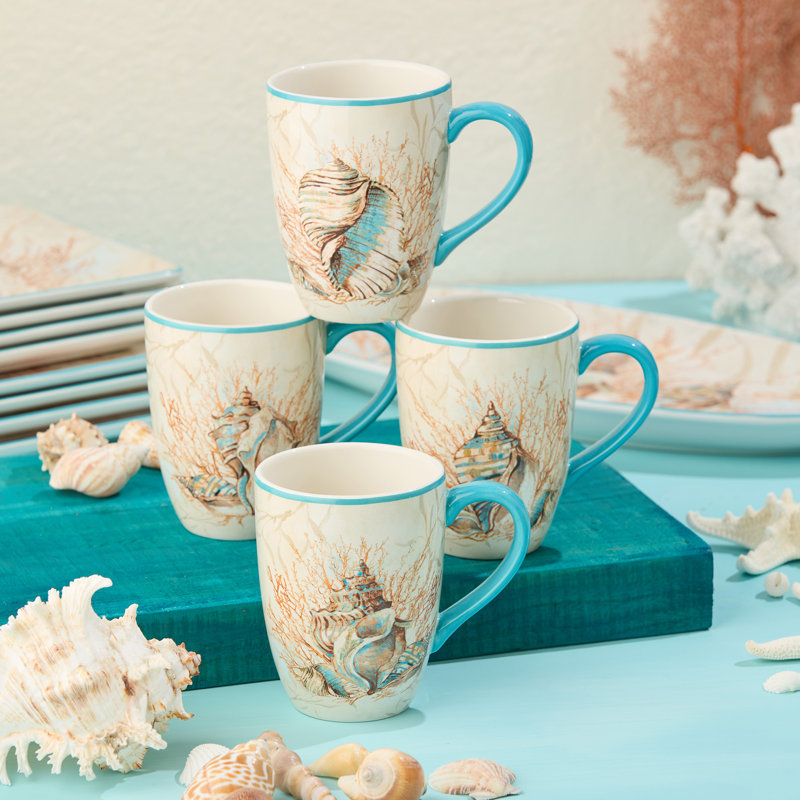 Ensemble de 4 tasses à échapper à la mer, design coquillage côtier et corail, céramique durable, lavable au lave-vaisselle, élégantes tasses à café et à thé inspirées de l'océan pour un usage quotidien
