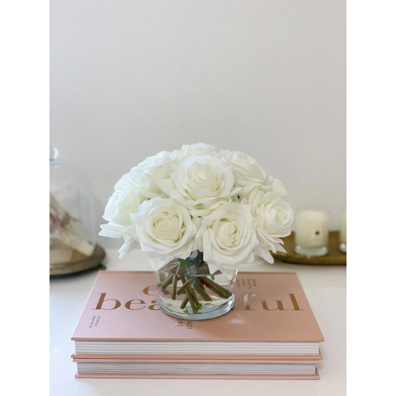 Real Touch Rose Arrangement In Round Glass Vase, Pink/White
