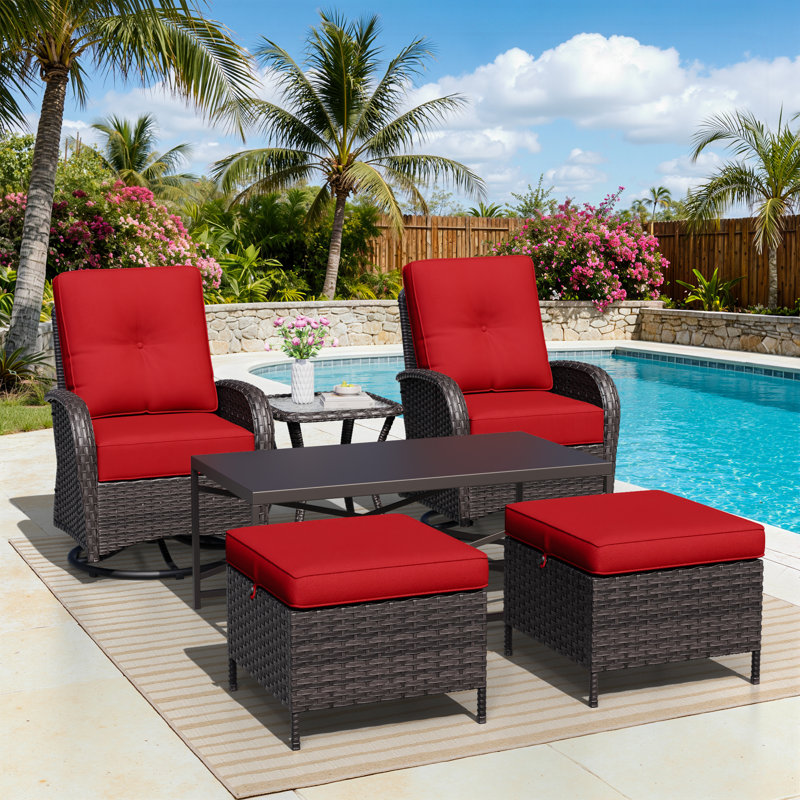 Ensemble de patio extérieur en osier pour 2 personnes avec chaises, repose-pieds, table d'appoint et coussins beiges, Rouge