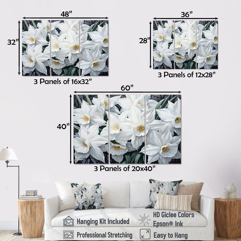 Minimalisme blanc jonquilles I - ensemble d'art mural jonquilles, H 32 po x l 48 po x P 1 po