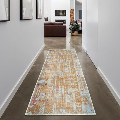 Collection traditionnelle GLN Rugs - tapis lavable à la machine, tapis traditionnel lavable rétro, tapis antidérapant, tapis de salon en chenille à poils courts, tapis de chambre à coucher, tapis de salle de bain (tapis jaune)