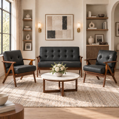 Mid-Century Faux Leather 3-Piece Living Room Set