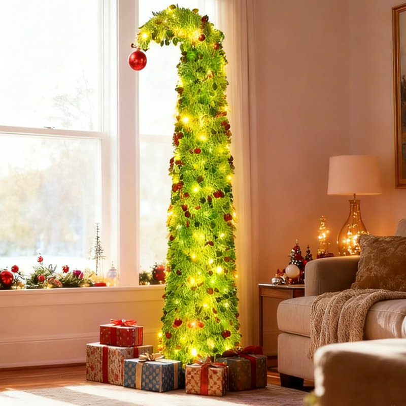 Arbre de Noël escamotable 5 pi avec lumières et 8 modes, arbre de Noël escamotable facile à plier avec 50 lumières DEL, crayon de Noël vert coloré avec boîte de rangement pour appartements