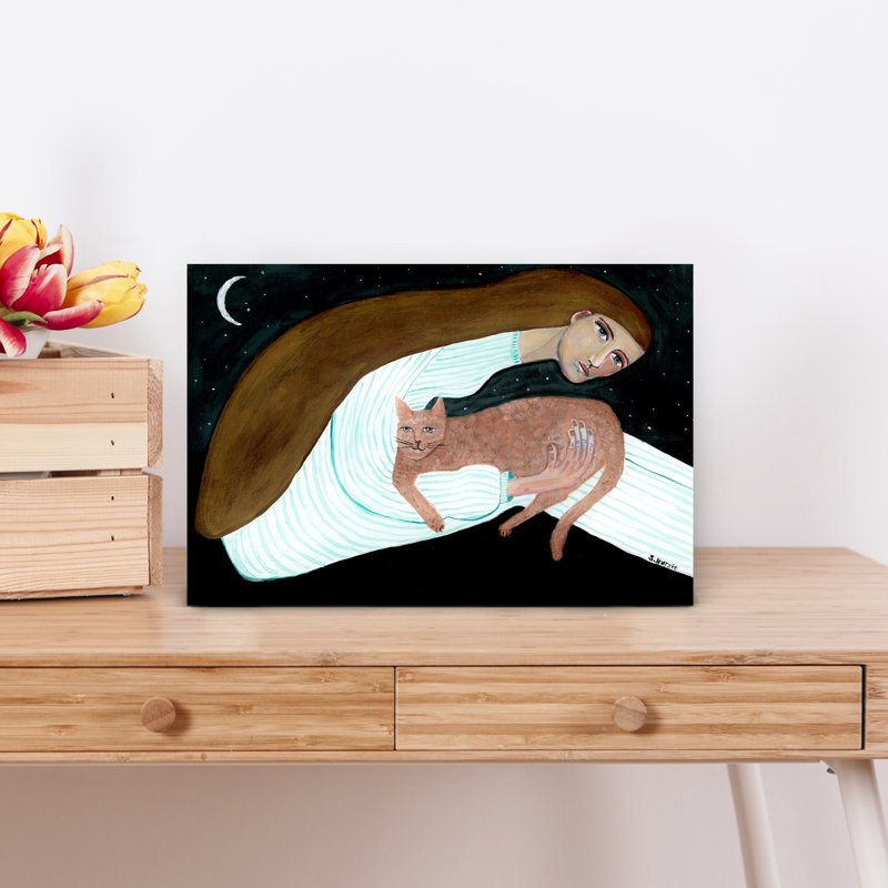Amoureux des chats assis sous les étoiles et la lune, H 12 po x l 18 po