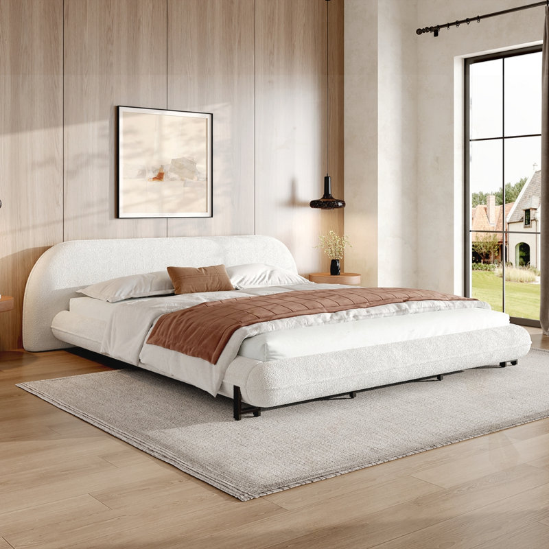 Lit plateforme tapissier avec tissu bouclé, Très grand