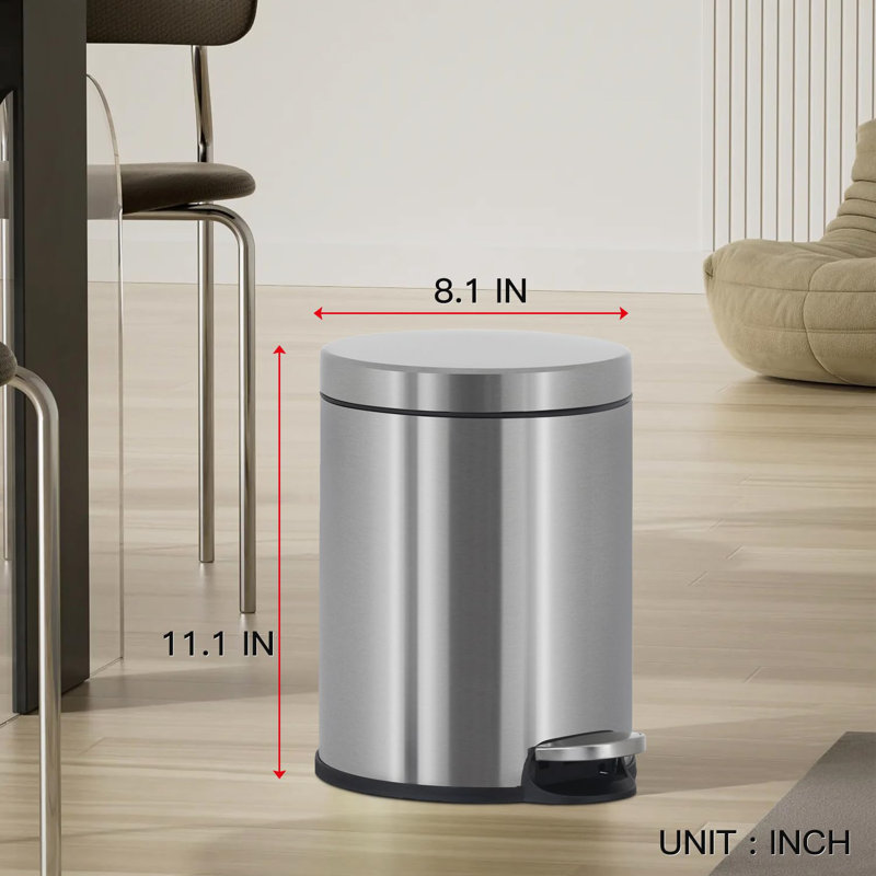 Silver Stainless Steel Round Pedal Trash Can for Indoor Use
