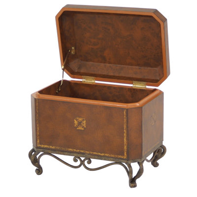 LEATHER CHEST W/ METAL/BASE, BROWN W/GOLD TOOLING