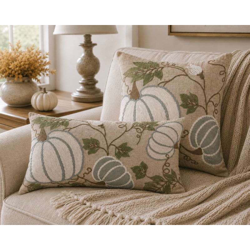  Coussin d'automne brodé Crewel Harvest Pumpkins And Vines, 14 par 14 pouces