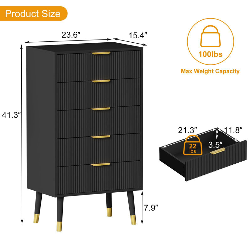 Commode 5 tiroirs cannelée avec poignées en métal doré, Noir