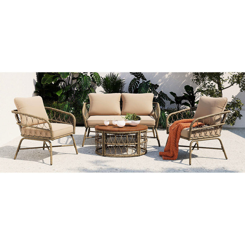 Patio Seating With Modern Earthy Design, Removable Cushions, Beige, Oval Wood Tabletop Oversized Areas, Beige , Table