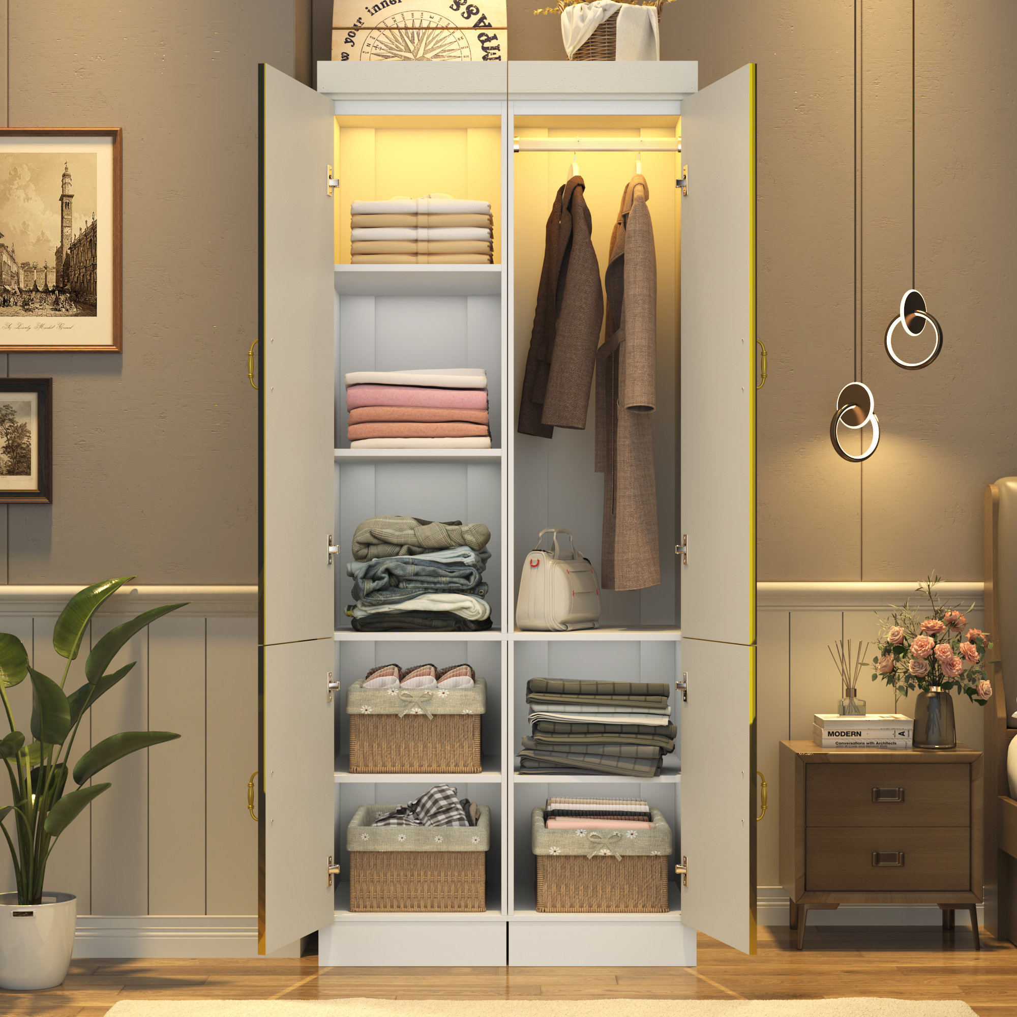 Wrought Studio 75” Tall Wooden Wardrobe Closet With Led Lights, Hanging ...