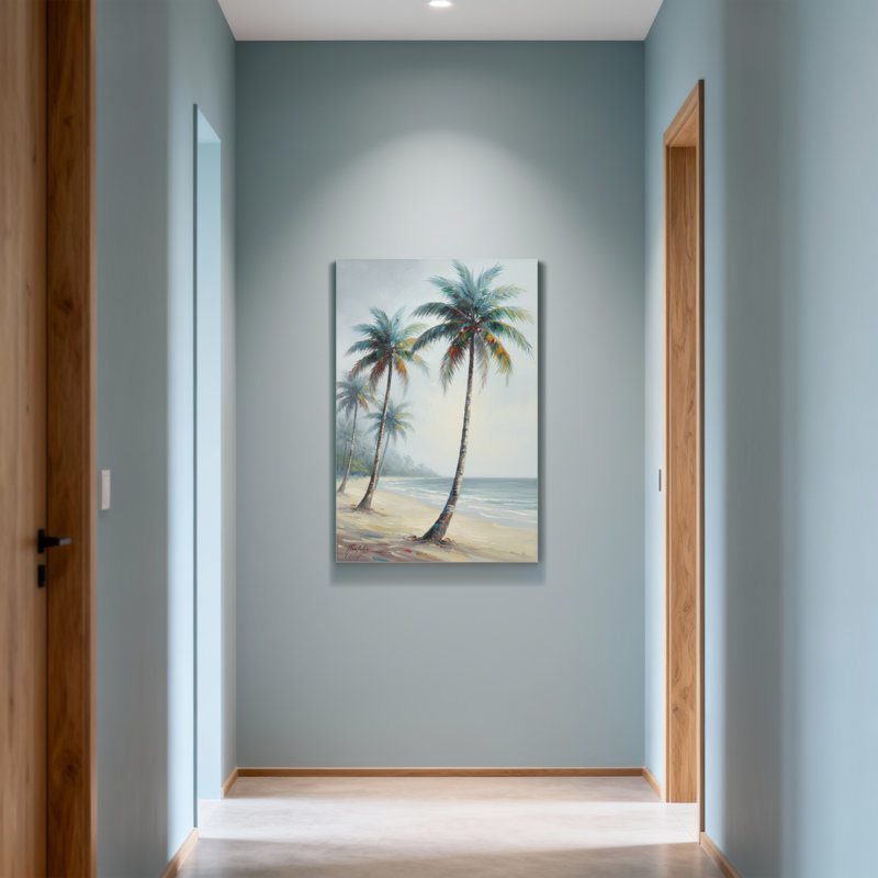 Plantes et fleurs, plage tropicale, palmiers, vue sur l'océan, H 18 po x l 12 po