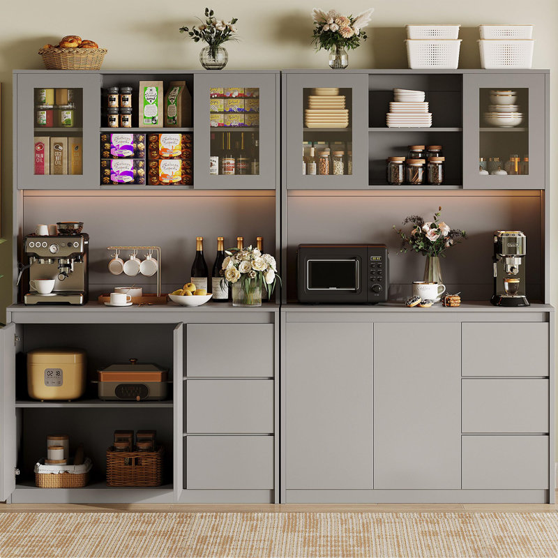 71 in Tall Kitchen Pantry Cabinet, Kitchen Storage Hutch with Led Lights and Power Outlets, Microwave Stand, Glass Door, Adjustable Shelves, Handless Design, Grey
