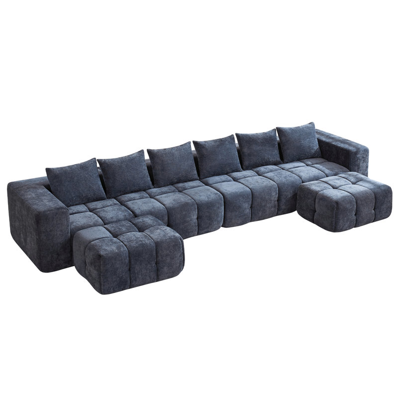 Modular Sofa Set With Ottoman, Compressed No-Frame Boneless Sectional, Blue Chenille, 25" H x 159.8" W x 39.4" D