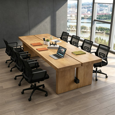 Modern Rectangular Solid Wood Conference Table Set with 8 Mesh Swivel Office Chairs