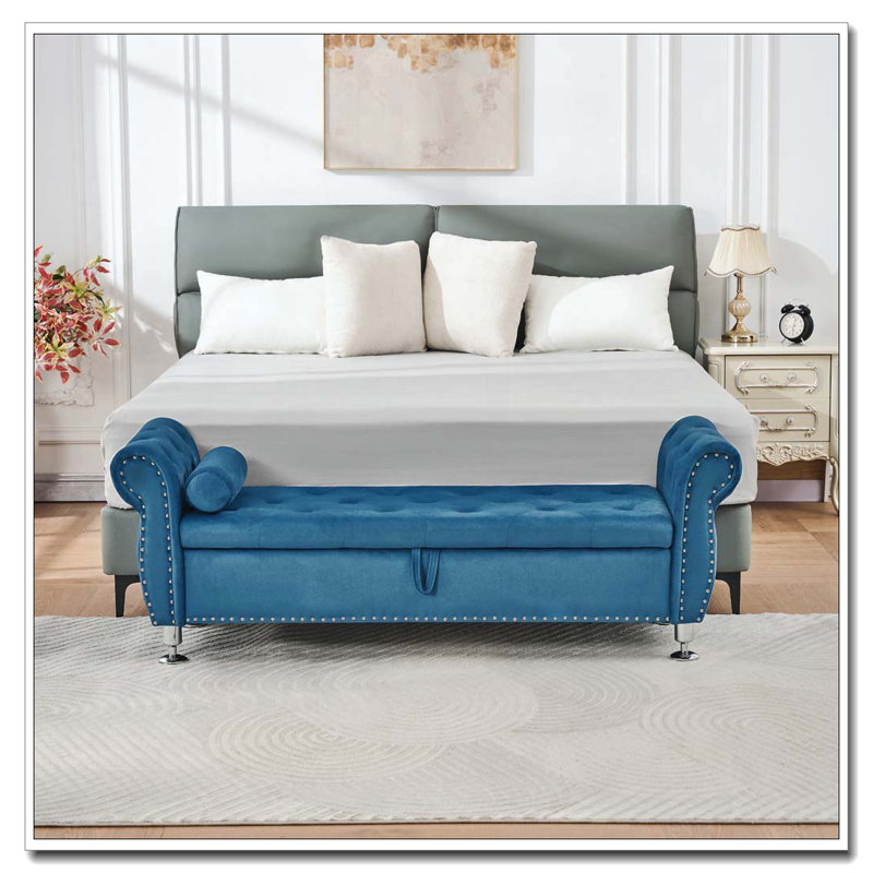 Banc de rangement en velours doux 62,2 pouces, Bleu