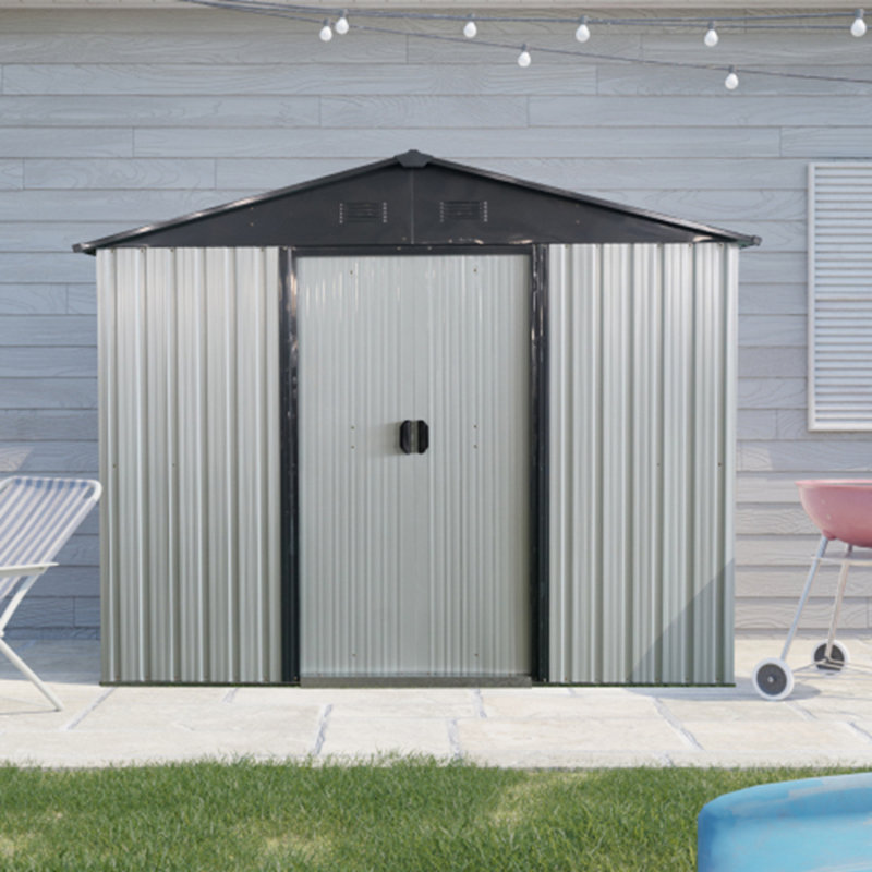 Outdoor Metal Storage Shed with Sliding Door and foundation for Backyard, Patio, Lawn, White/Black