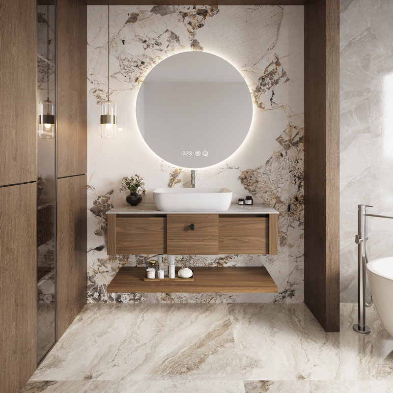 48"Mid Century Modern Wall-Mounted Bathroom Vanities,Single Sink,Brown Wood Texture with Sintered Stone Table top,Not Assembled Need