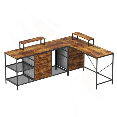 114 Inch L-Shaped Desk with Power Outlets & USB-C, Industrial Computer Desk with 6 Fabric Drawers, 3 Open Shelves & Movable Monitor Stands, Large Corner Office Desk for Gaming, Rustic Brown