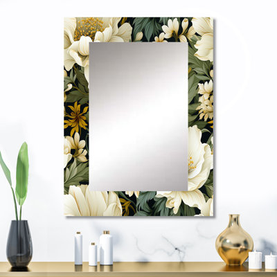 Aidean blanc vert élégant motif botanique - grand miroir floral, miroir mural décoratif de campagne, impression d'art