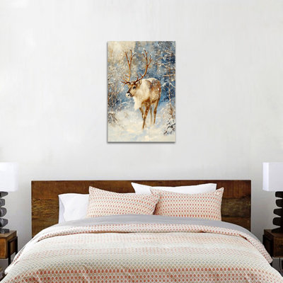 Art mural sur toile grand renne d'hiver, affiche de peinture de cerf de Noël, impressions sur toile de forêt enneigée, œuvre d'art de Noël prête à accrocher pour décoration des fêtes et salon, 28 po x 40 po