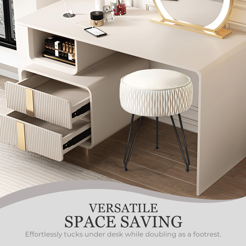 Velvet Vanity Stool, White