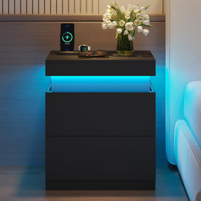 Modern Nightstand With 2 Storage Drawers,Sliding Top,Led Night Stand For Bedroom,End Table With Charging Station And Led Lights by Wrought Studio