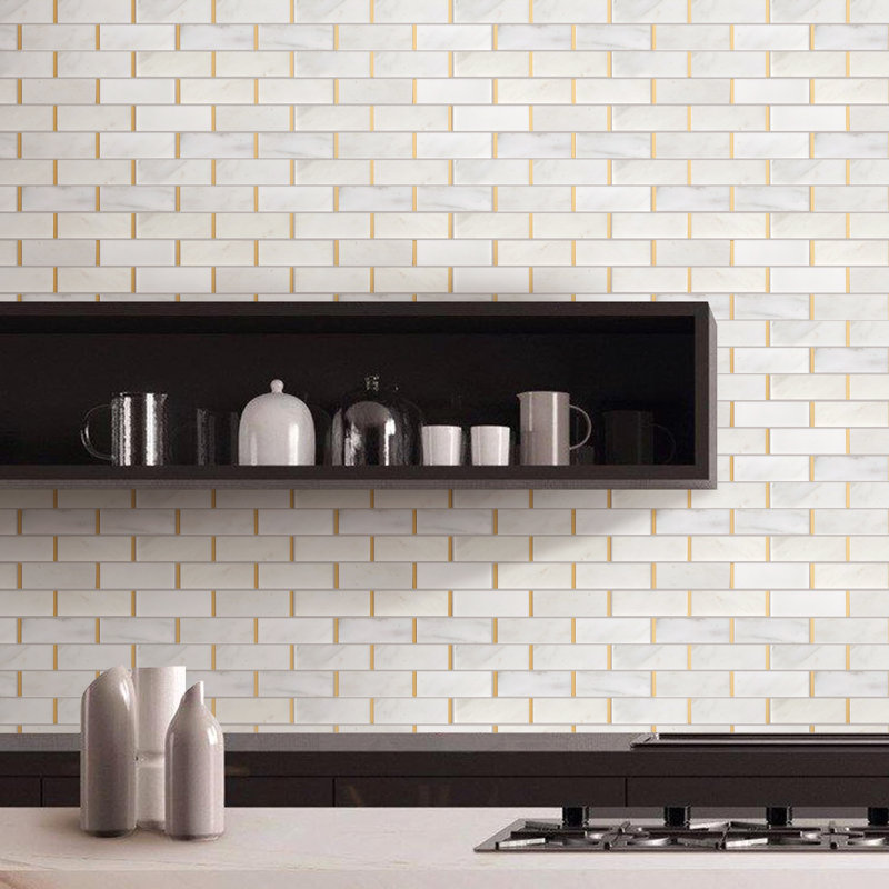 Natural Bianco 2" x 6" Marble Brick Joint Mosaic Wall Tile, Gold/White