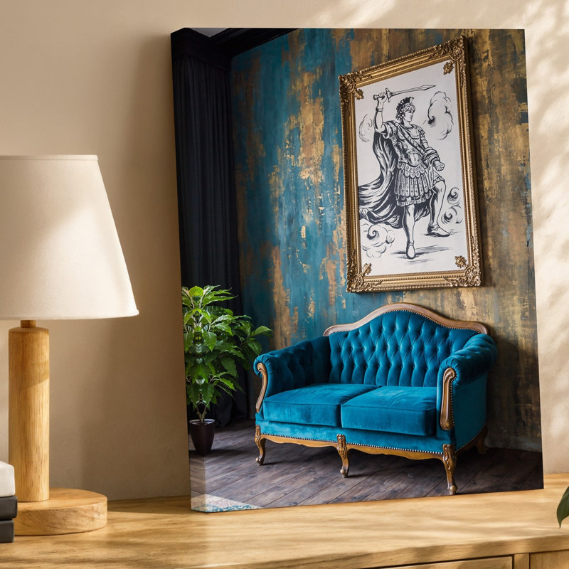 Toile dans un intérieur captivant, un canapé capitonné bleu classique avec art mural, H 12 po x l 9 po