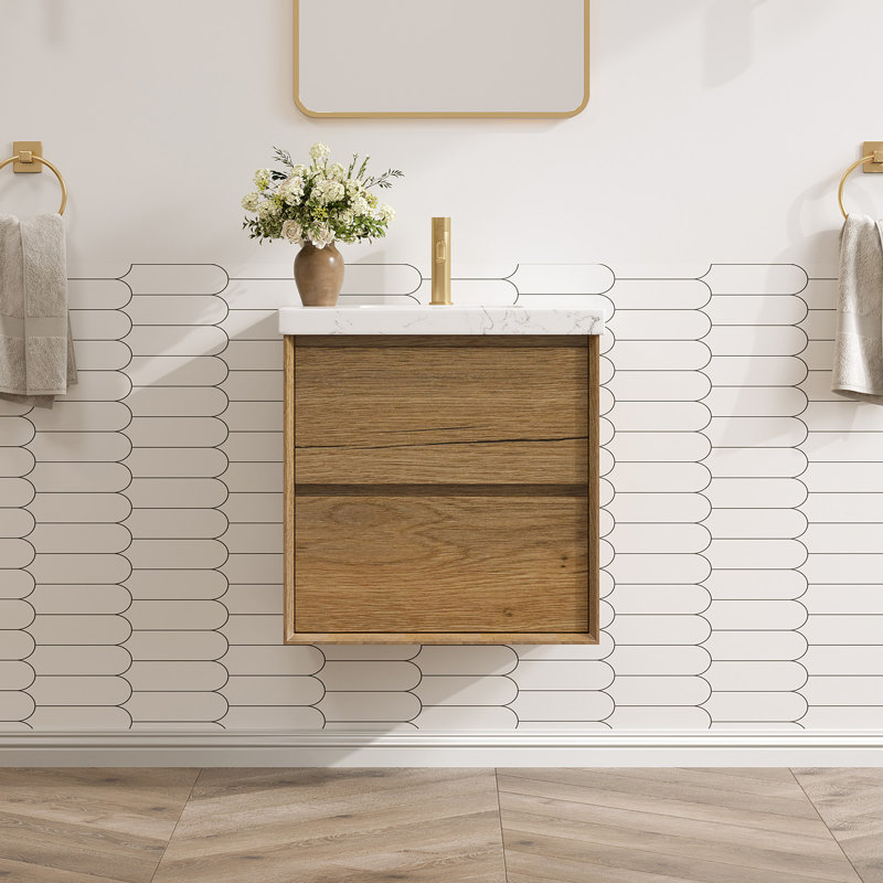 Wall-mounted Bath Vanity With Engineered Marble Top, 24", Natural wood