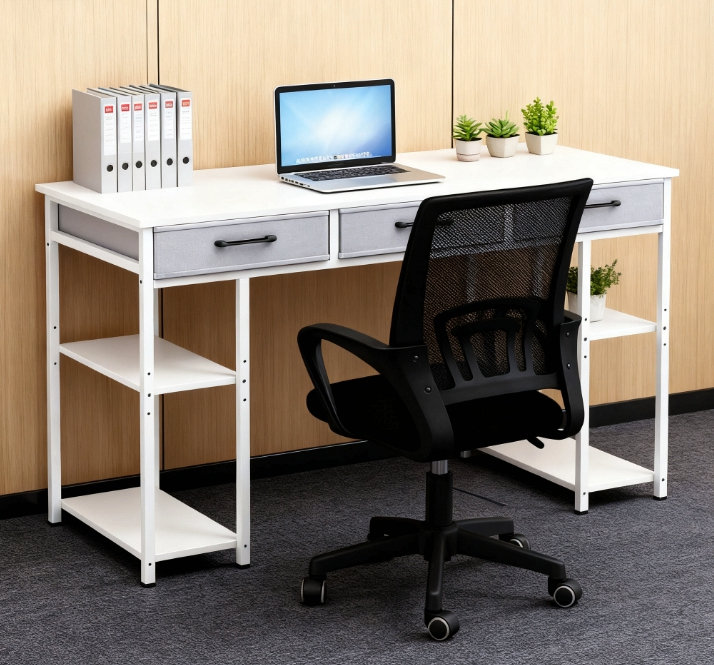 Petit bureau d'ordinateur, bureau d'écriture avec tiroirs en tissu, pour la maison et le bureau, Blanc