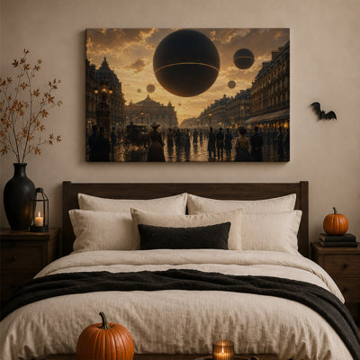 Sphères noires géantes surplombant une ville victorienne animée - Toile murale d'Halloween
