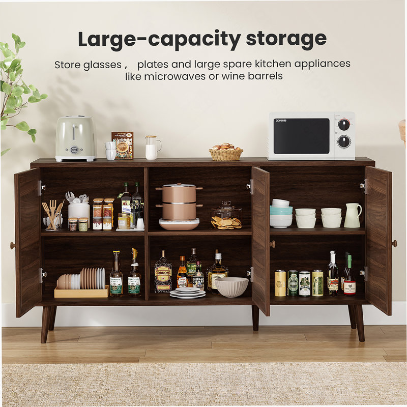 Sideboard Buffet Cabinet With 3 Rattan Doors, Kitchen Storage Cabinet For Entryway Living Room, Walnut