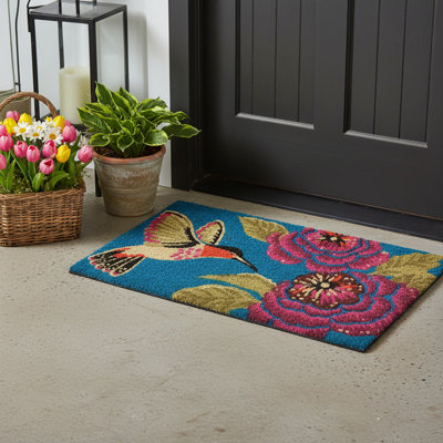 24" X 36" Blue And Rose Floral And Hummingbird Outdoor Coir Door Mat