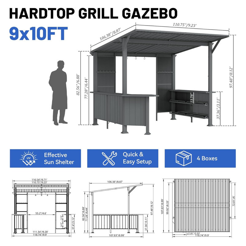 Pavillon de jardin avec toit rigide de 9 x 10 pi avec tablettes - Abri de barbecue permanent pour terrasse, Noir satiné, Grey