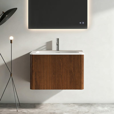 Meuble-lavabo rayé 24 po avec lavabo à surface solide blanc, meuble-lavabo mural flottant pour salle de bain moderne, pré-assemblé