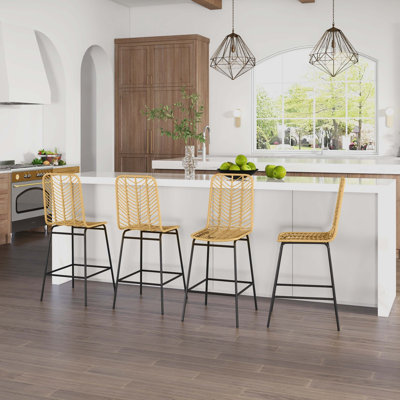 Rattan Bar Stools Set Of 4, 26" Counter Height Barstools, Boho Kitchen Island Stools, Yellow
