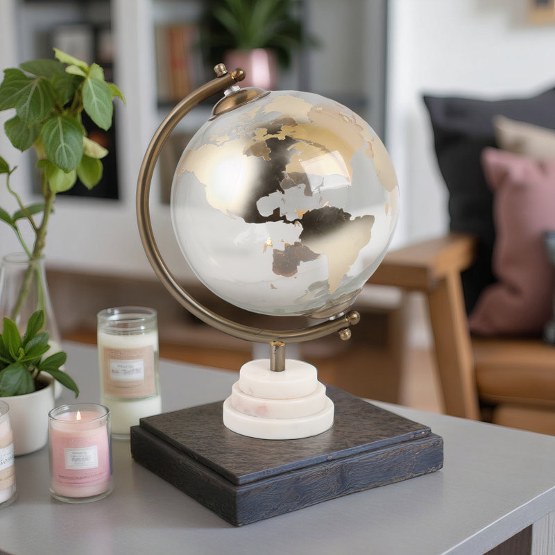 Sculpture globe décoratif en verre avec base en marbre pour décoration intérieure - carte moderne en métal pour le salon ou le bureau - 13 po, brun