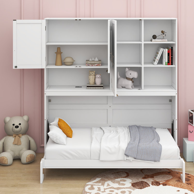 Lit escamotable avec armoire supérieure, tablettes, lit pliable peu encombrant avec éclairage et port USB, Blanc